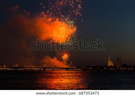 Colorful fireworks on the day of the navy over the Neva