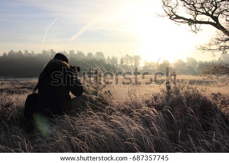 A photographer sitting in tall grass taking a picture of a meadow field during a golden hour sunrise. In the back ground there is a forest with pine trees.