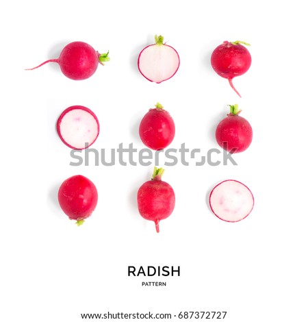 Seamless pattern with radish. Tropical abstract background. Radish on the white background. Royalty-Free Stock Photo #687372727
