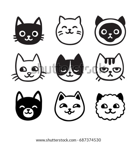 Cute cartoon cat doodle set, funny vector icons. Hand drawn sketch style cat characters faces.