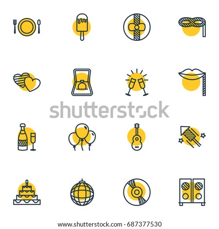 Vector Illustration Of 16 Party Icons. Editable Pack Of Nightclub Ball, Decoration, Engagement And Other Elements.