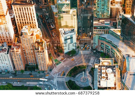 Aerial view of Columbus Circle in New York City at sunset