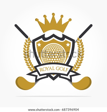 royal golf logo with golf ball on a shield, stars, ribbon, golf sticks, wheatgrass, and crown with shadow effect