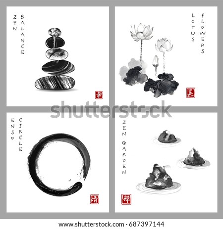 Symbol of zen. Zen balance, enso circle, lotus flower and stone garden on white background. Hieroglyph - zen, beauty, happiness, clarity. Traditional Japanese ink painting sumi-e. Royalty-Free Stock Photo #687397144