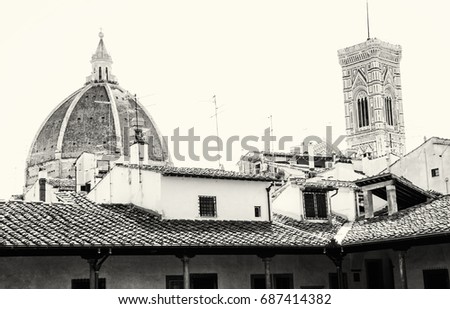 Cathedral Santa Maria del Fiore and Giottoâ??s campanile in Florence, Tuscany, Italy. Black and white photo. Cultural heritage.