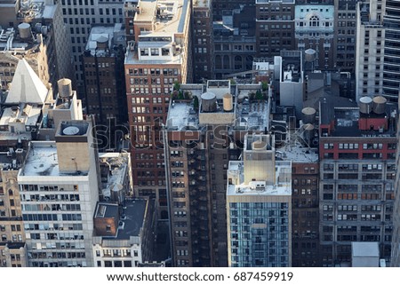 New York City Manhattan skyline aerial view with skyscrapers roof tops with cisterns