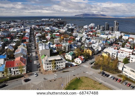 Beautiful aerial view to Reykjavik downtown from church, capital of Iceland