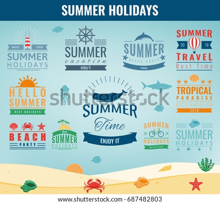Summer labels, logos, tags and elements set for summer holiday, travel, beach party, vacation. Vector illustration