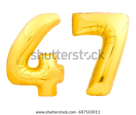 Golden number 47 forty seven made of inflatable balloon isolated on white background