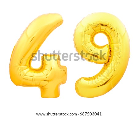 Golden number 49 forty nine made of inflatable balloon isolated on white background