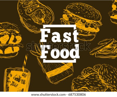 Hand drawn sketch fast food. Illustration for restaurant or cafe menu. Vintage food sketch.
