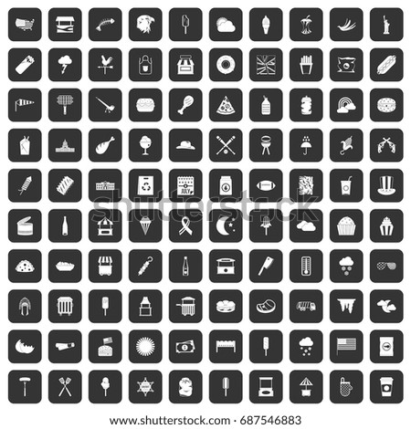 100 street food icons set in black color isolated vector illustration