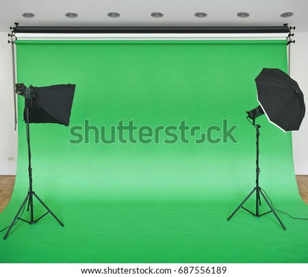 Empty Green Studio Backdrop with Softboxes
