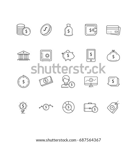 Set of 20 money and pyament thin line icons. Contains icons such as a Coins, bank, piggy bank, credit card, wallet, growth, investment and much more. 64x64 pixel perfect. 