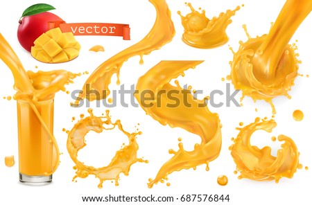 Orange paint splash. Mango, pineapple, papaya juice. 3d realistic vector icon set Royalty-Free Stock Photo #687576844