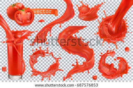 Red paint splash. Tomato, Strawberries. 3d realistic vector icon set Royalty-Free Stock Photo #687576853