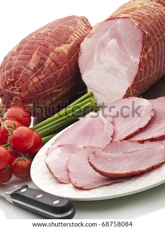 Smoked Ham Piece And Slices On White Background