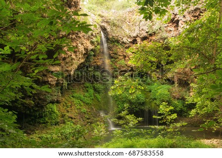 Natural, partially shaded waterfall running into a shallow pool, surrounded by trees
