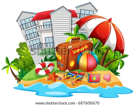 Summer theme with beach and hotel illustration