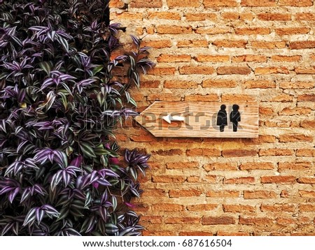 Wooden Toilet Sign on brick wall and decorate with plant.