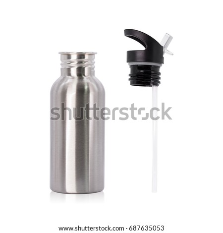 Metallic bottle and plastic tube isolated on white background. Template of empty water bottle for keep temperature. Clipping paths object