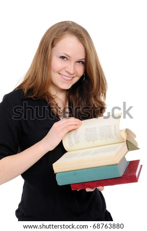 Young girl with long hair and book on a white background