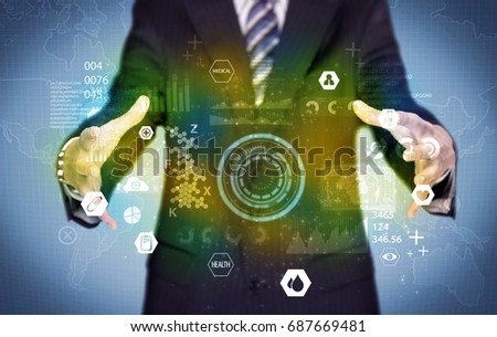 A business analytics person analyzing the health status of the world from its hands with illustrated pie charts and graphs concept