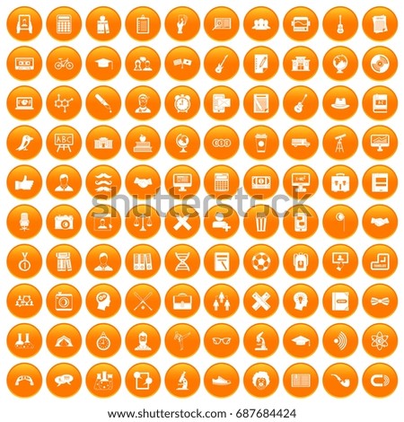 100 student icons set in orange circle isolated vector illustration