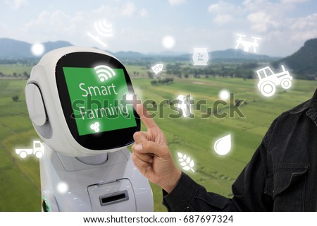 iot, internet of things, agriculture concept, Farmer use smart robot to help to control monitor and management including feed water, fertilizer, chemical, replant etc in the farm for more efficiency 