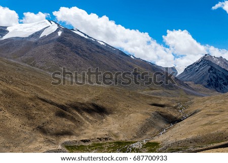Glacier on rock mountain, green valley with small river and blue sky background