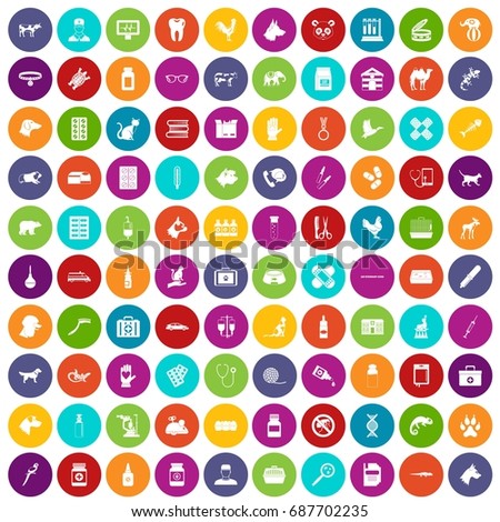100 veterinary icons set in different colors circle isolated vector illustration