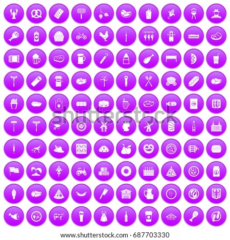 100 meat icons set in purple circle isolated on white vector illustration
