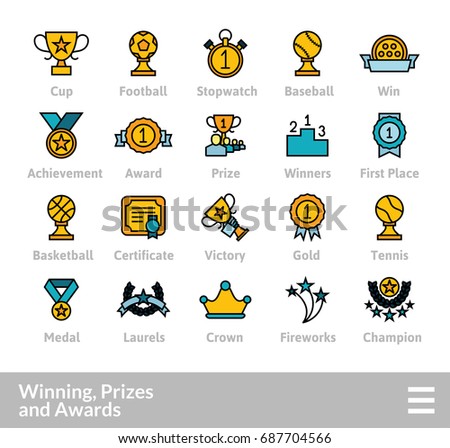 Outline icons thin flat design, modern line stroke style, web and mobile design element, objects and vector illustration icons set 28 - winning prizes and awards collection