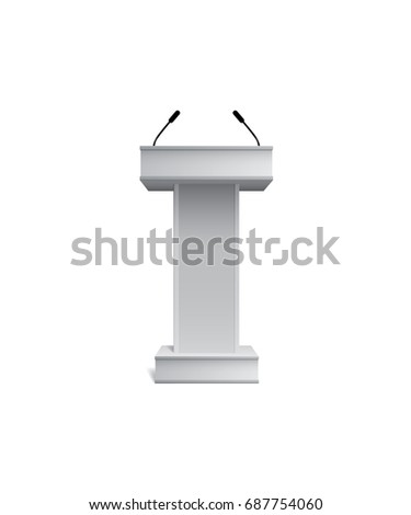 Vector white isolated tribune with microphones on white background.