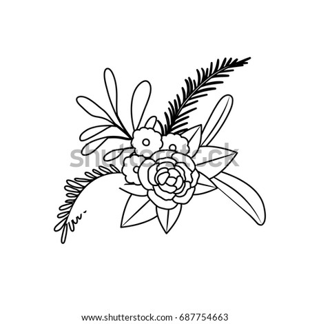 white background with monochrome silhouette of floral ornament with several flowers and branches vector illustration