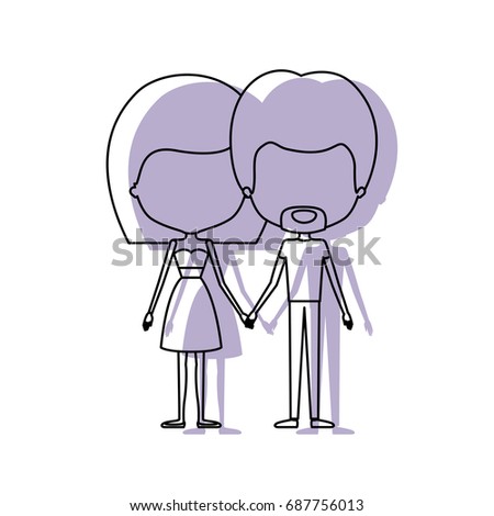 watercolor silhouette of faceless caricature couple standing and him with van dyke beard and her with skirt and mushroom hairstyle vector illustration