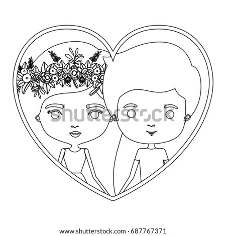monochrome silhouette heart shape portrait caricature with couple and her in dress with long straight hair with floral crown and him in casual clothes vector illustration