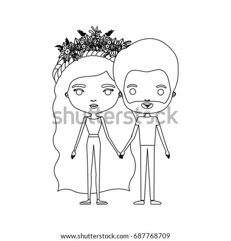 monochrome silhouette of caricature couple standing and her in pants with long wavy hair with floral crown and him with short hair and beard vector illustration