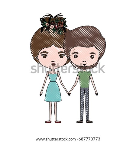 crayon colored silhouette of slim couple standing caricature and both with brown hair and her in dress with collected hair and floral crown and him bearded vector illustration