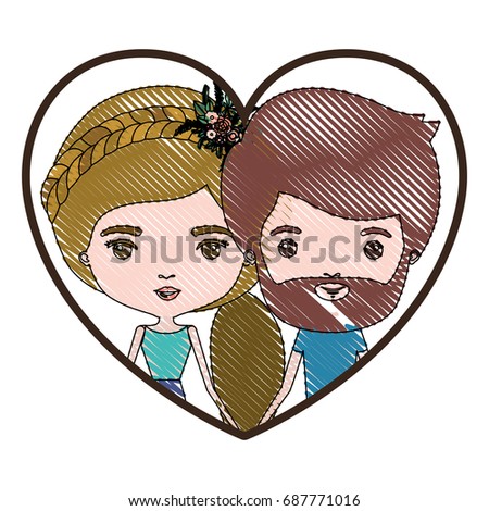 heart shape portrait with color crayon silhouette caricature couple of him with short brown hair and beard and her with ponytail blond hairstyle and floral crown accesory vector illustration