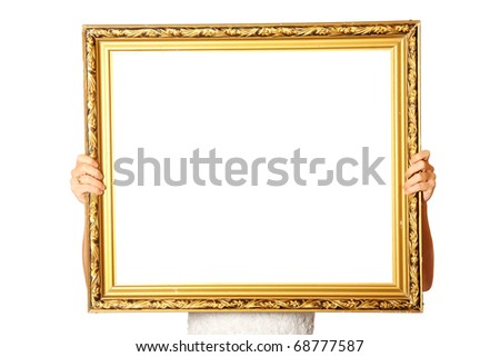 A picture of a young wife holding a golden frame over white background a lot of space for text