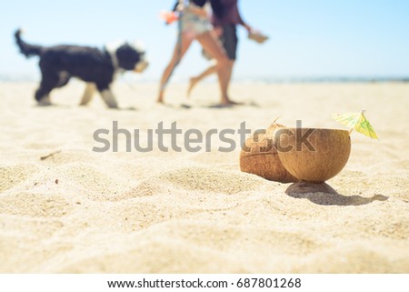 Coconut with drink on the beach with man, woman and dog on background