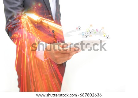Double exposure of Businessman using digital tablet connect global internet telecommunication 