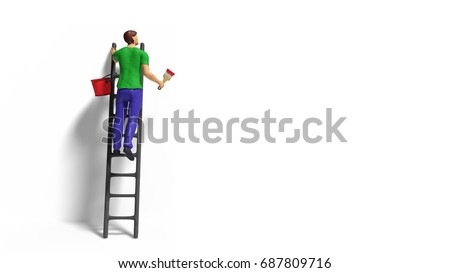 miniature figurine character with ladder and red paint in front of a wall