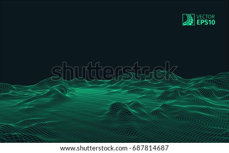 Abstract vector wireframe landscape background. Cyberspace grid. 3D wire frame surrounding.  3d technology wireframe vector illustration. Digital landscape for presentations . Polygonal surface.