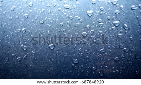 Photo background with waterdrops on gradient blue surface. Blue waterdrops wallpaper.  Royalty-Free Stock Photo #687848920