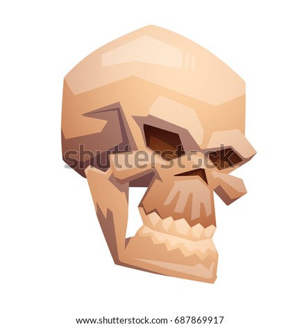 Vector cartoon image of a beige human skull turned to the right on a white background. Pirates, death, Halloween. Vector illustration.