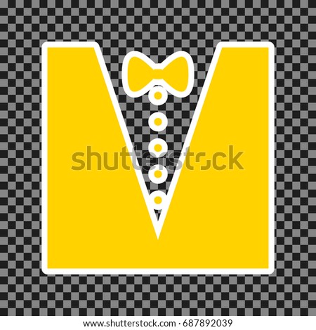 Tuxedo with bow silhouette. Vector. Yellow icon with white contour on dark transparent background.