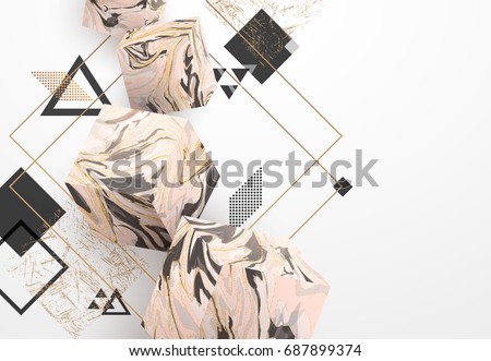 Rose Gold marble template set, artistic covers design, colorful texture, realistic cubes, backgrounds. Trendy pattern, graphic poster, watercolor geometric brochure, cards. Vector illustration.