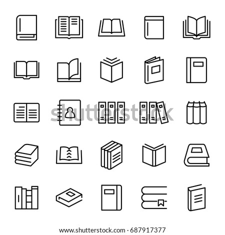 Set of 25 book thin line icons. High quality pictograms of read. Modern outline style icons collection. Diary, library, pages, textbook, etc.